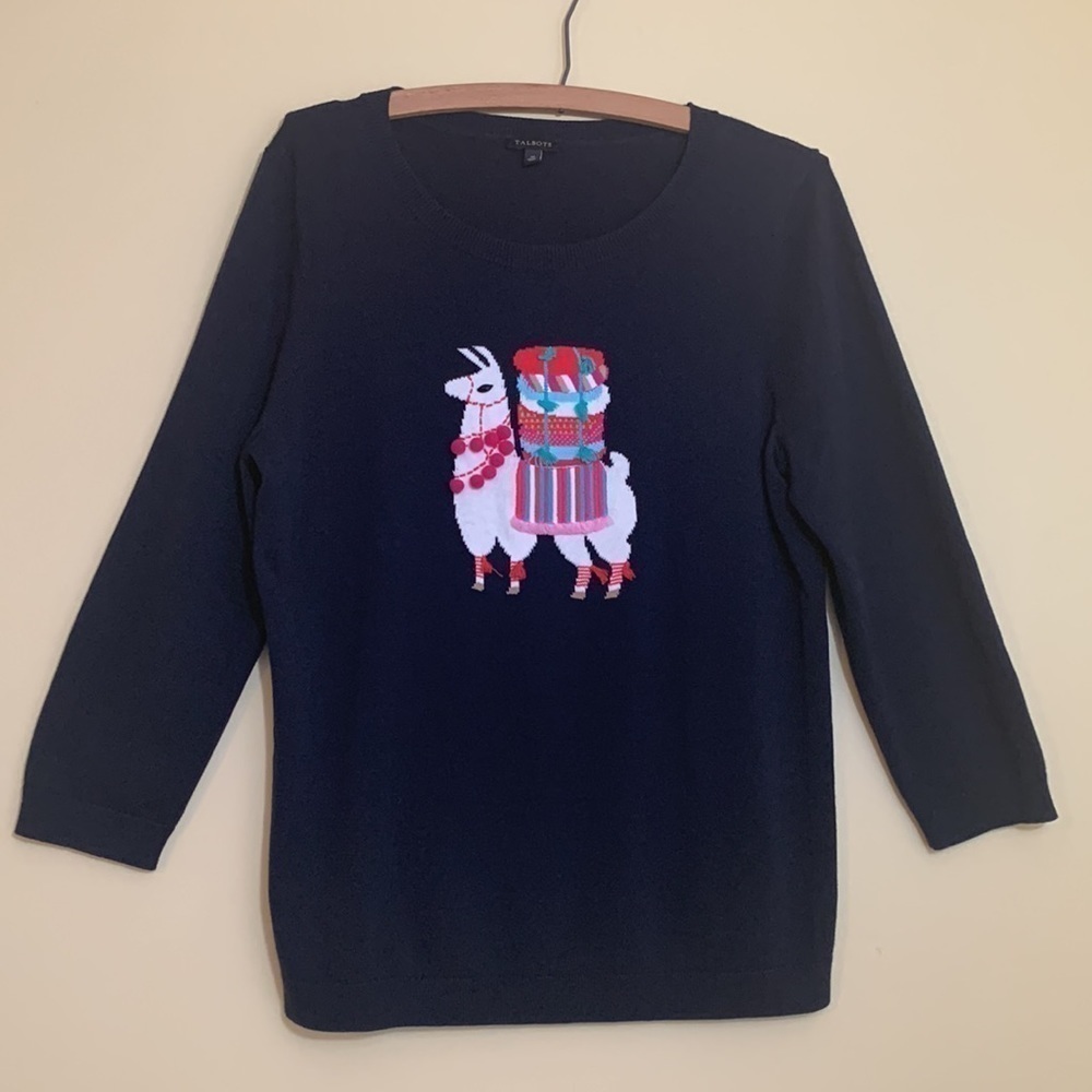 Talbots | Blue Llama Embroidered Pom Pom 3 D Knit Pullover Fun Sweater M - Picture 12 of 17